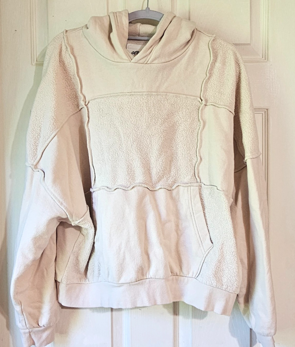 Aerie Womens S Oversized Hoodie Cream Sherpa Patchwork Exposed Seam Pullover